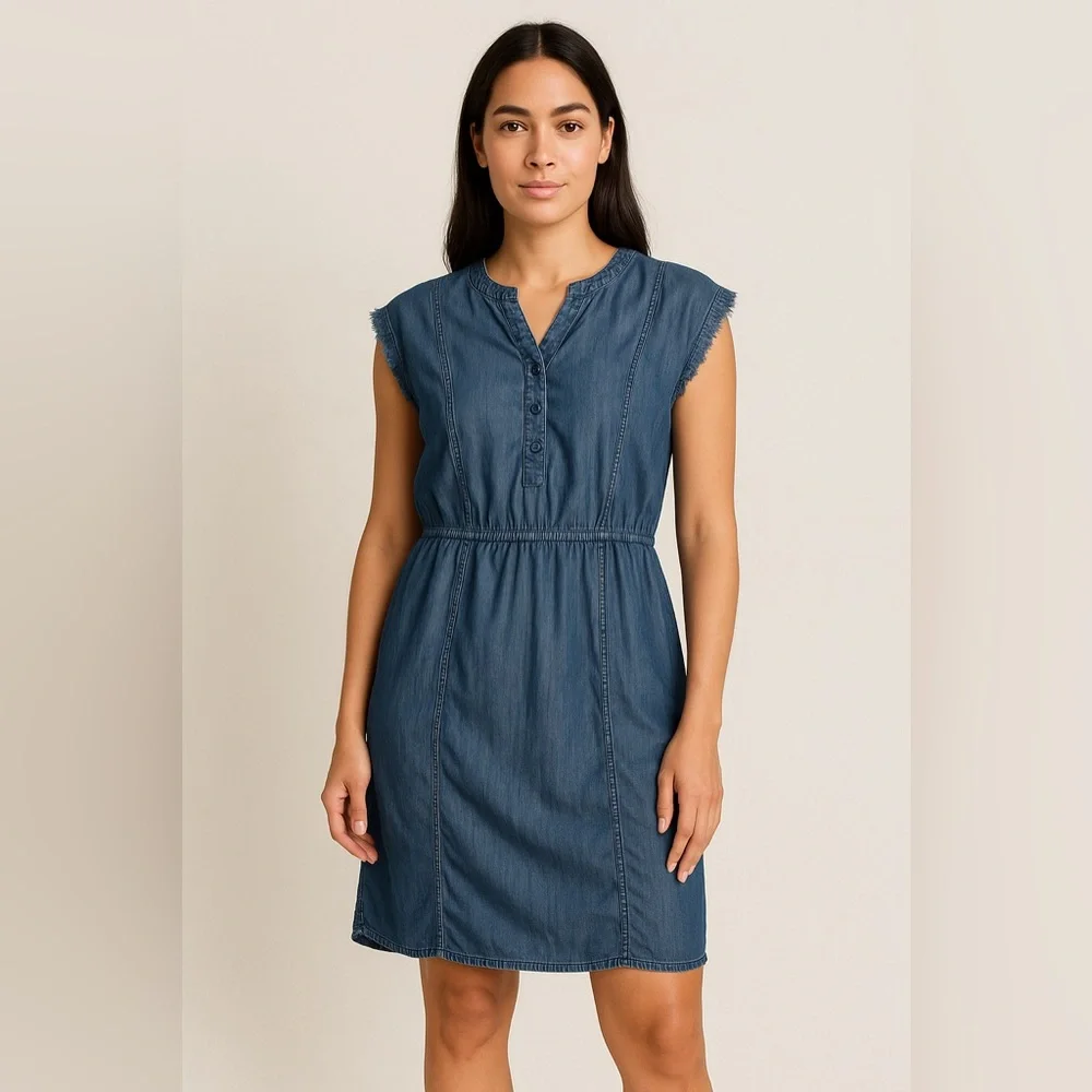 Chico’s Denim Chambray Dress Women’s Size 1 (Medium) Cap Sleeve Elastic Waist - Picture 1 of 11